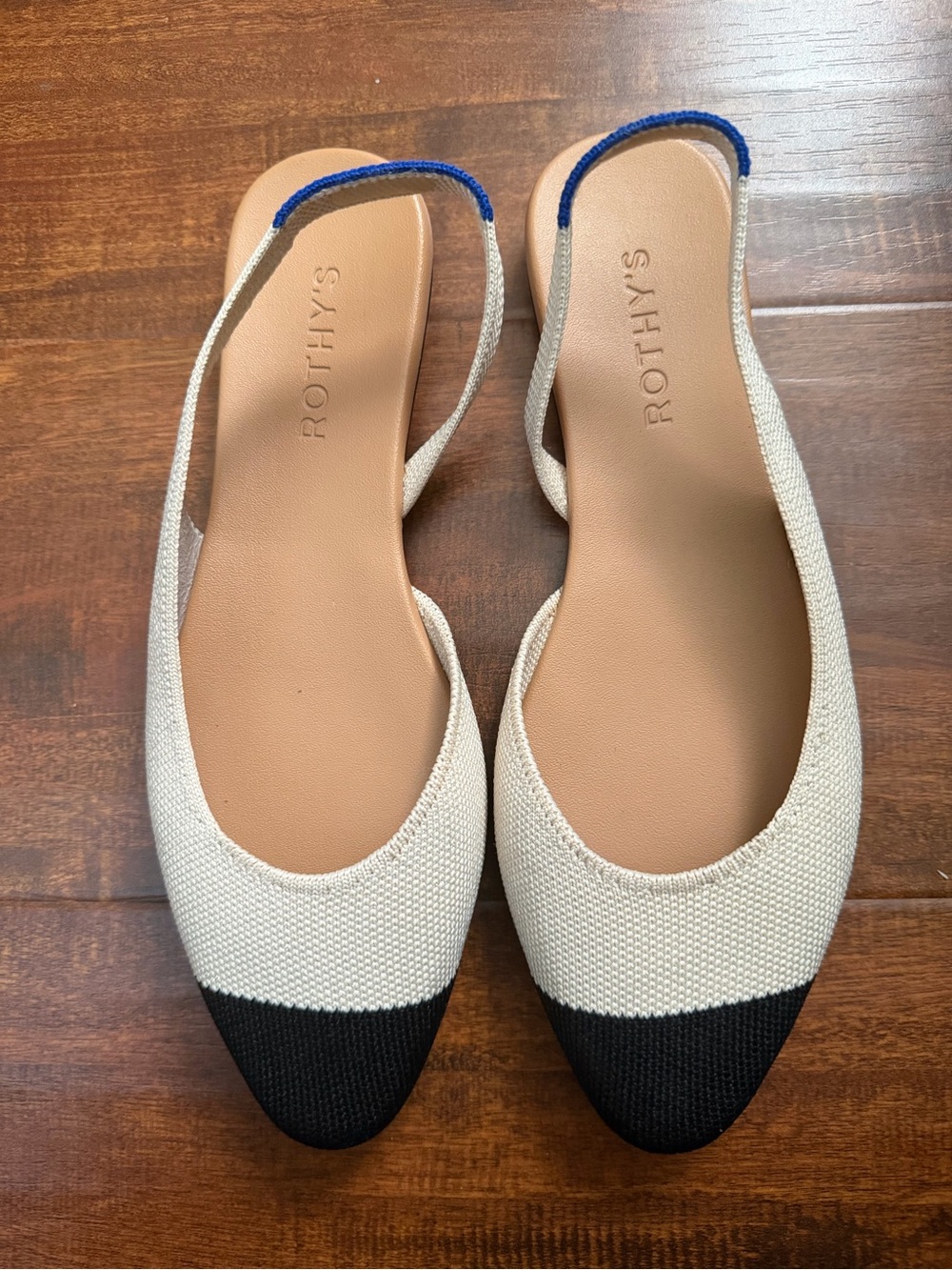 Rothy's Two-Tone Slingback Flats in Cream and Black with Blue Accent Size 8